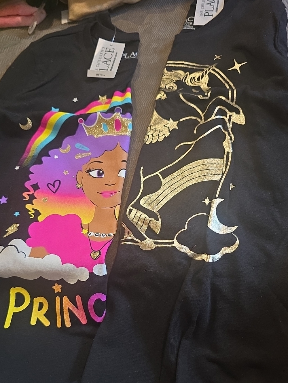 The Children's Place Black Long Sleeve Tee with Rainbow Princess & Gold Unicorn